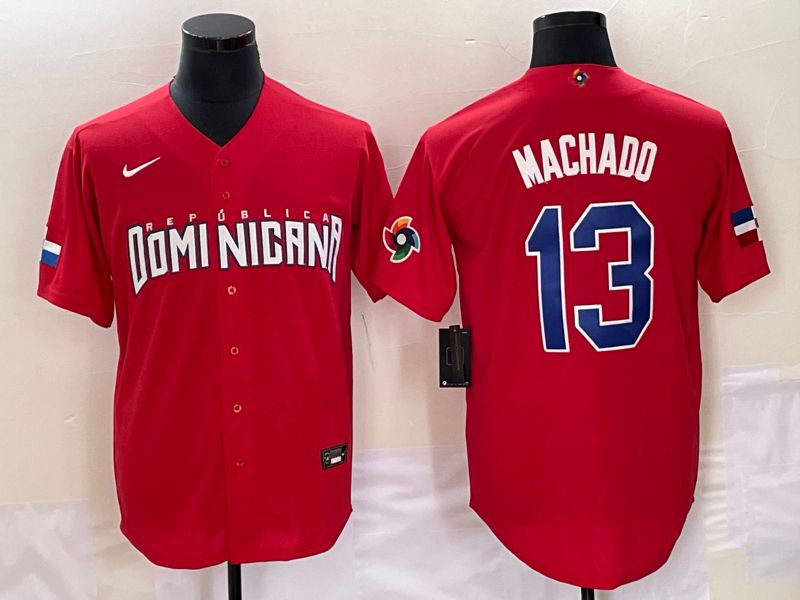 Men 2023 World Cub Dominicana 13 Machado Red Nike MLB Jersey7